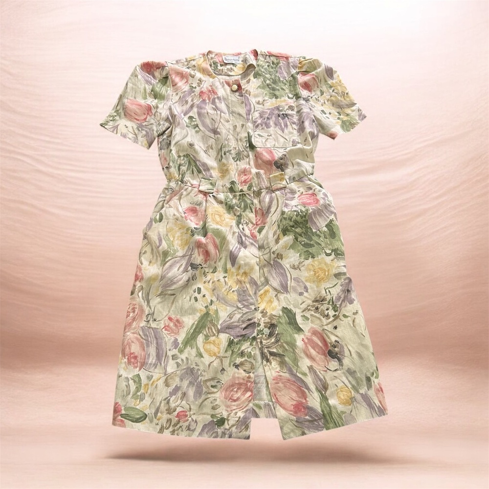 Women's Vintage Damon Petite Button Front Short Sleeve Floral Dress Size 14P